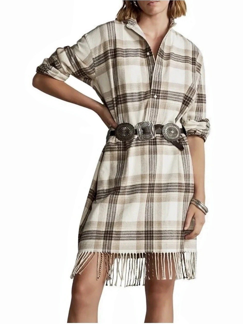 Polo Ralph Lauren Plaid Fringe Hem Shirt Dress Brown & Cream, Size 10